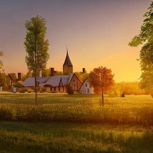 Prompt: A 21 century village with medieval buildings surrounded by trees and shrubs. Next to the village is a cornfield. sun is coming up on the horizon. photorealistic