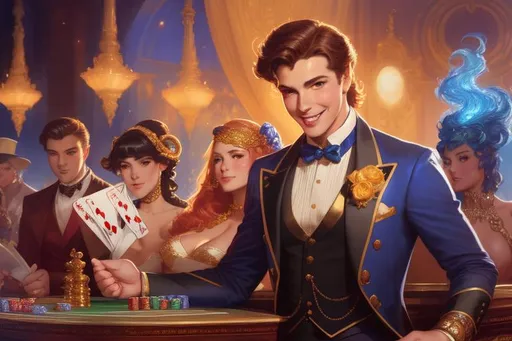 Prompt: a very cheerful handsome gambler with a smirk , particles , shiny , overly detailed , harem , prada , amazing colors , art by gaston bussiere, j. c. leyendecker, greg rutkowski, craig mullins, 8k