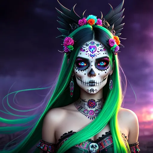 Prompt: Horror, twisted, scary, ominous, cinematic, 3D, HD, freeform colorful chaos Beautiful!! {Sugarskull}Female, detailed gorgeous face, Beautiful big reflective eyes, long flowing hair, expansive hieroglyphic background, hyper realistic, 16K --s98500