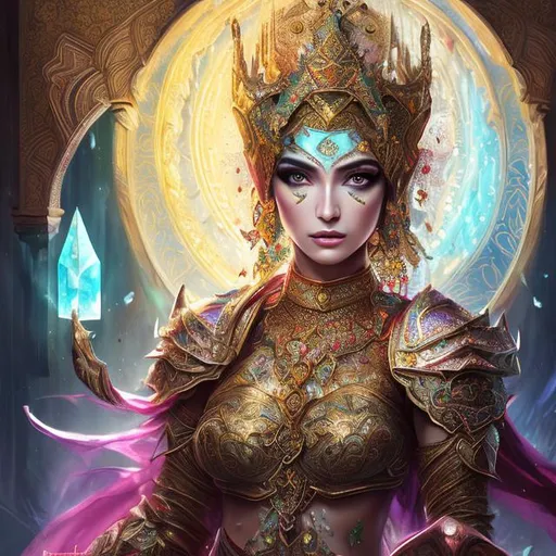 Prompt: High-resolution hyper realistic painting of {iranian good fortune goddess } [ashi] , uhd, hdr, 64k, epic scene, crown, upper body, sharp edges, bejeweled armor, crystal hair, rainbow eyes