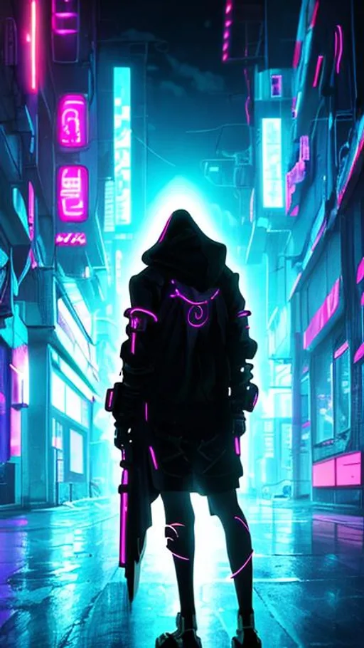 Prompt: Quality, 8k, lonely, anime, cyberpunk, neon back lighting, hooded male figure, glowing mask