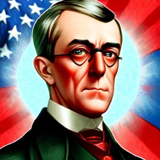 Prompt: a zoomed in picture on Woodrow WIlson. He is a super hero of America. His eyes are glowing red with lasers. Light and super powers of heroes around him