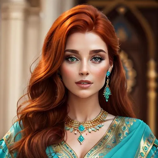 Prompt: Beautiful ethereal woman with auburn hair. wearing turquoise and gold jewelry, facial closeup