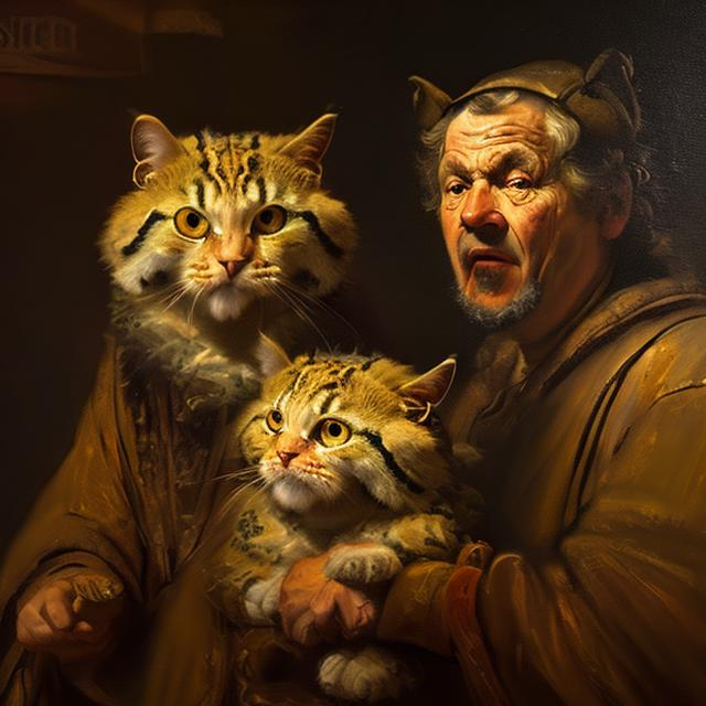 Oil painting in the style of Rembrandt depicting cats. | OpenArt