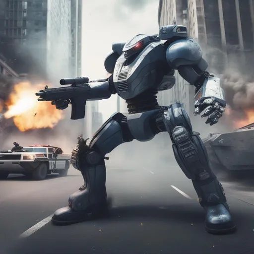 Prompt: a photograph robot police man with gun  fighting a big tank in a city