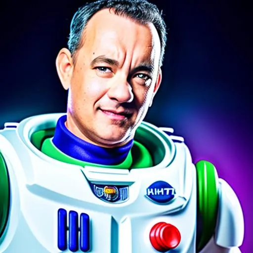 Prompt: RAW photo, realistic portrait of Tom Hanks dressed up as Buzz Lightyear from Toy Story movie, (high detailed skin:1.2), 8k uhd, dslr, soft lighting, high quality, film grain, Fujifilm XT3