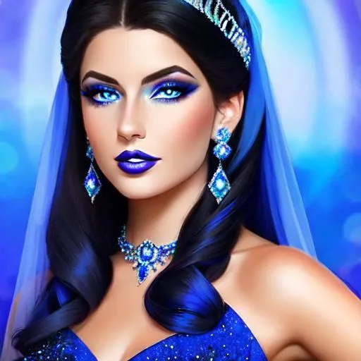 Prompt: a Sapphire lady, feminine elegant princess ,  dark hair, large blue eyes, wearing jewls in her hair,  beautiful makeup, blue eyeshadow, dark pink lipstick, facial closeup