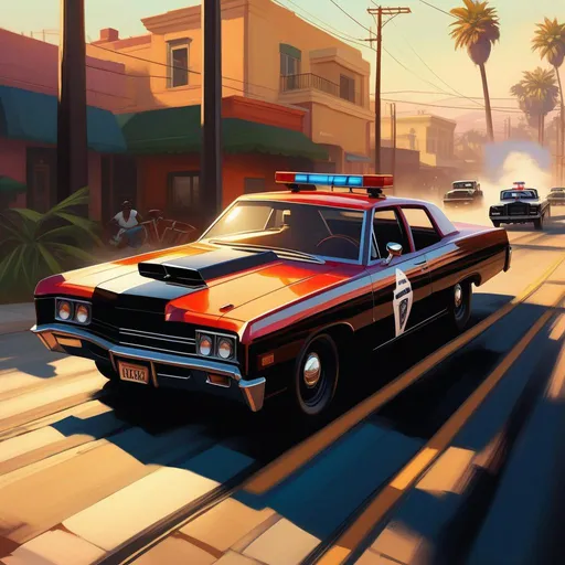 Prompt: GTA V, car chase, cops, cartoony, sunny atmosphere, extremely detailed painting by Greg Rutkowski and by Henry Justice Ford and by Steve Henderson