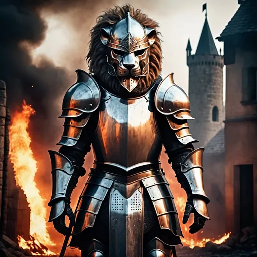 Prompt: Mysterious, intimidating knight in heavy armor with lion shaped helmet, standing in a fiery town battlefield, high quality, detailed, realistic, dark fantasy, cool tones, atmospheric lighting, intimidating helmet, battlefield setting, ominous presence, detailed textures, medieval, detailed visage, professional