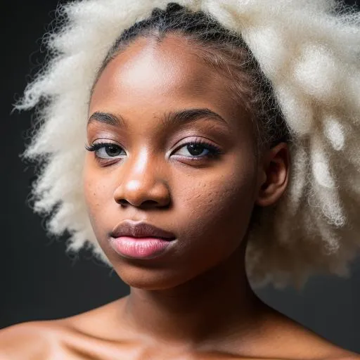 Prompt: albino black girl 20yo, blue eyes, , --c 600