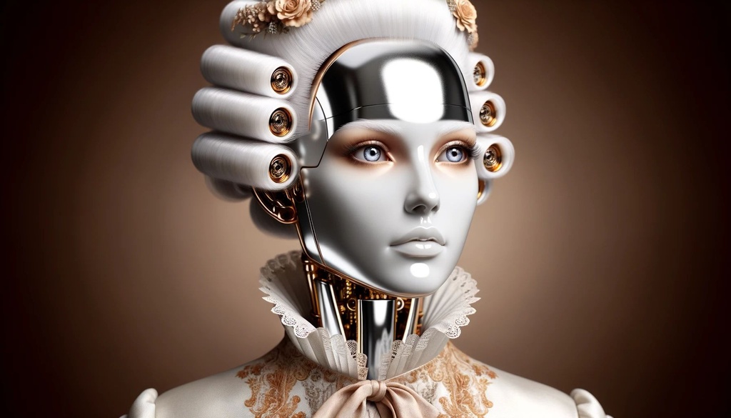 Prompt: A photorealistic image of a white woman with human-like features, transformed into a chrome-plated, light gold and gray android. She exudes rococo elegance against a brown background, her face showcasing a deep emotive expression.