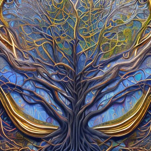 Prompt: Tree of Life with Roots, colorful, ultra gloss, gilded, art deco, ornate, intricate, led,  hyper-detailed, 64K, UHD, HDR, unreal engine, vivid colors