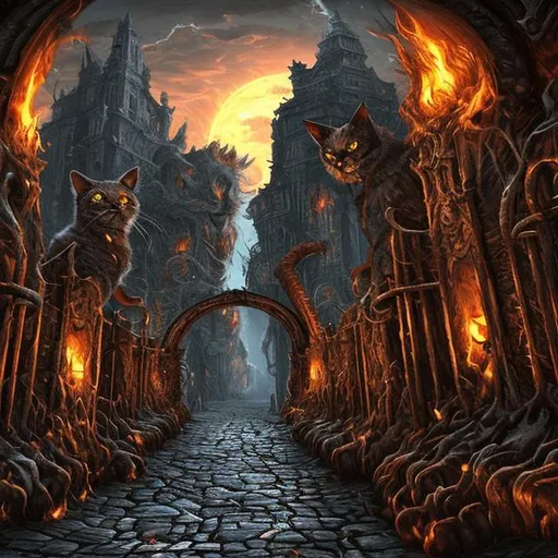 Prompt: Cat cerberus gates of hell horror landscape