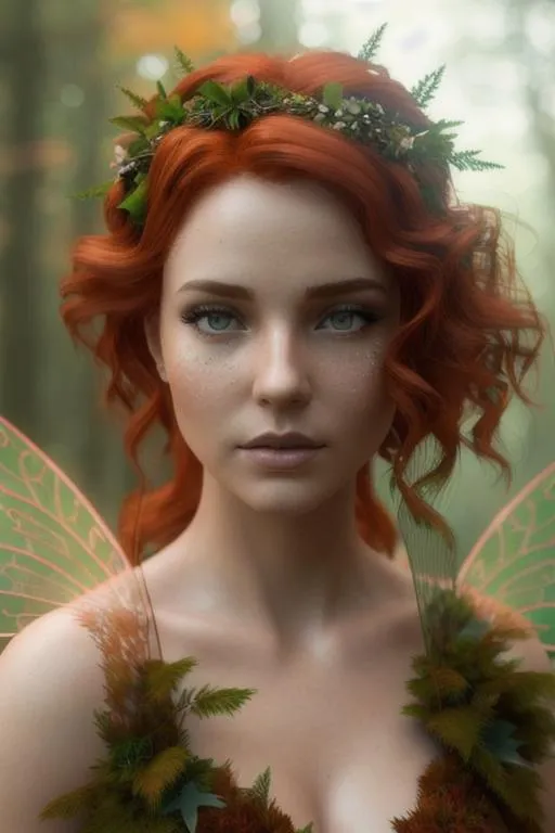 Prompt: RAW photo :: a ( gorgeous redhead winged fairy ) in the forest :: autumn :: moss :: gloomy atmosphere :: mist :: global illumination :: subsurface scattering :: mug shot :: photorealistic :: dramatic :: intricate :: detailed acrylic :: high detail :: (extremely detailed skin, 8k wallpaper) :: very coherent :: sharp focus :: unreal engine 5 ::  nanite :: Fujifilm XT3