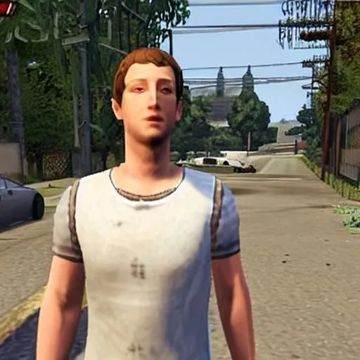 Prompt: Grand Theft Auto San Andreas (2004) awkward cutscene mod featuring Uncanny valley ((Mark Zuckerberg)) cosplaying as young CJ Carl Johnson from GTA San Andreas, white sleeveless tanktop, player model, grove st, mod, focus on face, protagonist, ghetto, psp screenshot, ps1 gameplay, Dreamcast graphics, San Andreas Mod, GTA SA, Compton, curly Caesar haircut, Oblivion npc