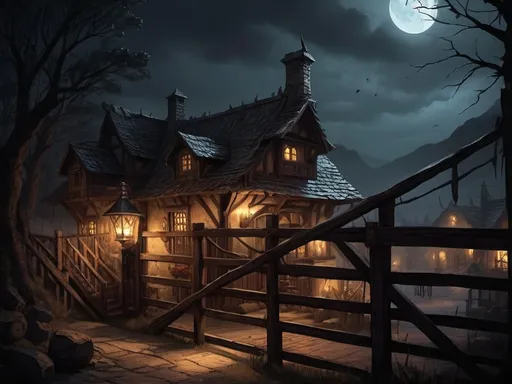 Prompt: Warhammer fantasy rpg style Inn, eerie atmosphere, night