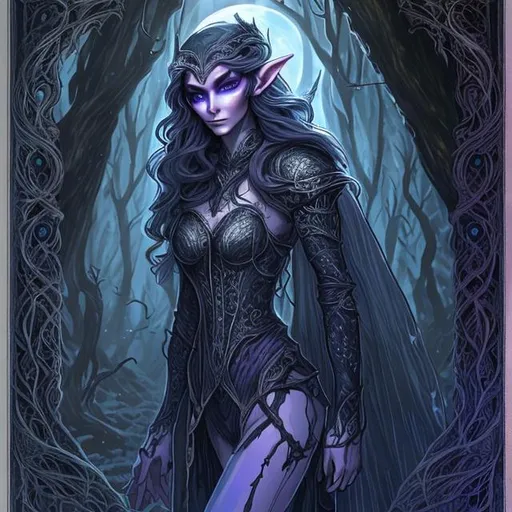 Prompt: "Design an intricate character portrait for a D&D (Dungeons & Dragons) campaign. The character is Valeria Moonshadow, an elven rogue with a mysterious past. She is lithe and graceful, standing against a backdrop of a moonlit forest. Valeria wears dark leather armor adorned with delicate silver engravings, and her hood is pulled back to reveal long, sapphire-blue hair that shimmers in the moonlight. Her piercing green eyes hold a hint of both danger and allure, and a silver amulet hangs from her neck. Around her waist, she carries an assortment of pouches and vials. In one hand, she holds a curved elven dagger with an ornate hilt, while the other rests casually on the hilt of a sheathed shortsword at her side. Captivate viewers with an air of enigma, capturing both her roguish nature and the secrets that dwell within her past."