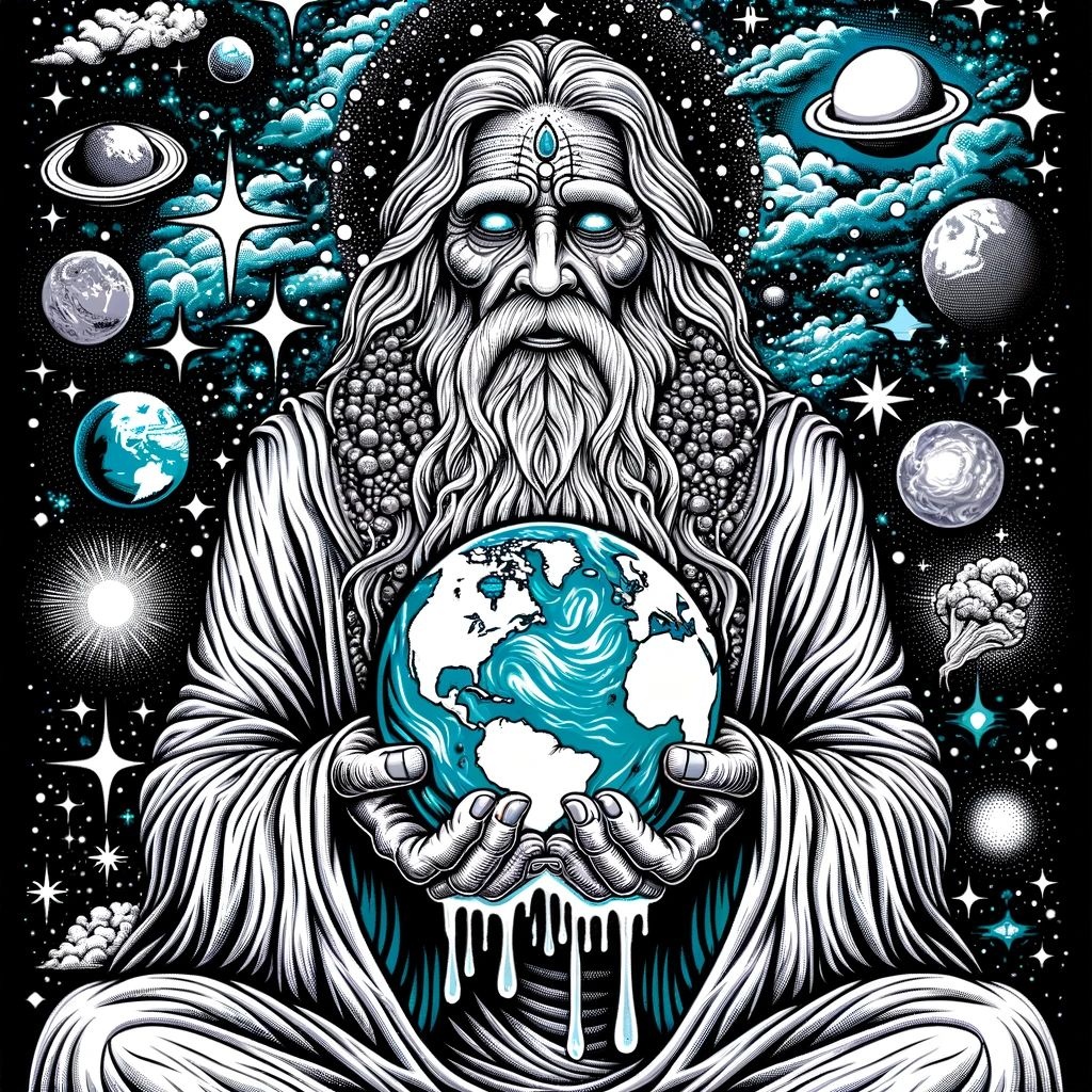 Prompt: Vector art of a grand spiritual entity, surrounded by stars and cosmic wonders, with the melting planet earth nestled in his hands, emphasizing the urgency of saving our dying planet.