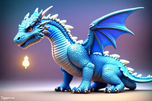 Prompt: Tiny cute blue dragon , two of small transparent wing on back spine, standing character, soft smooth lighting, soft pastel colors, 3d blender render, polycount, modular constructivism, Disney style, physically based rendering, square image, body proportions, realistic, western dragon, detailed, super realistic, ring light, indoor, pastel, side, forest, movie poster, wide