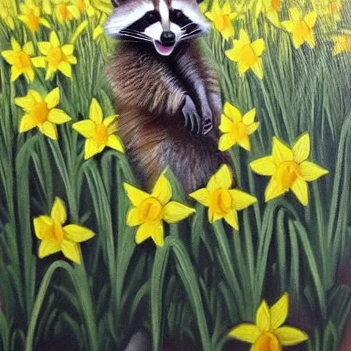 Prompt: Realistic oil painting raccoon dancing in vast field of daffodils 