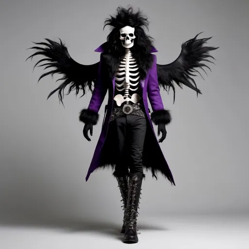 Prompt: Homestuck. Kurloz Makara. Fullbody view, plain background. Met gala, high quality render. High fashion. gray skin. Dark Carnival. Big fluffy black hair. Purple accents. Bones. Skull makeup. Fur lined boots