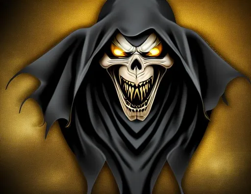 Prompt: Black and gold laughing grim reaper face