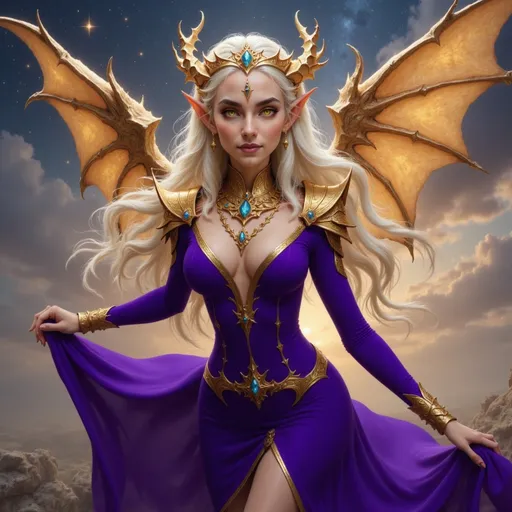 Prompt:  @VITLFRBSebJkkO8huw5E purple clothes, large crown, lots of jewelry, gold dragon wings, flying in starry sky