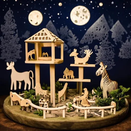 Prompt: Tiny wooden zoo at night, the moon, animals 