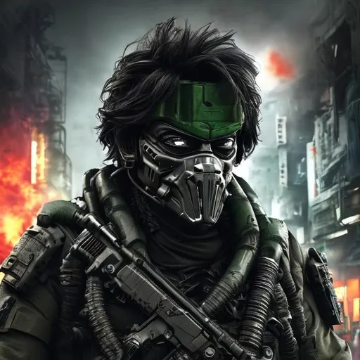 Prompt: Redesigned Gritty black and dark green futuristic military commando-trained villain Shah Rukh Khan face. Accurate. realistic. evil eyes. Slow exposure. Detailed. Dirty. Dark and gritty. Post-apocalyptic Neo Tokyo with fire and smoke .Futuristic. Shadows. Sinister. Armed. Fanatic. Intense. 