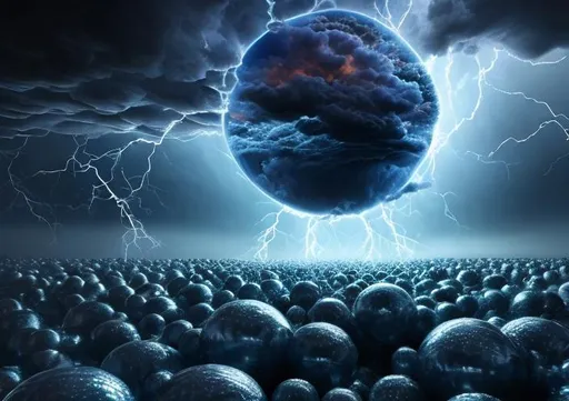 Prompt: Detailed 3D Blue Lightening with Storm clouds inside a sphere, intricate details, hyperdetailed, hyperrealistic,  HD, CG, Wallpaper, Night sky, raining