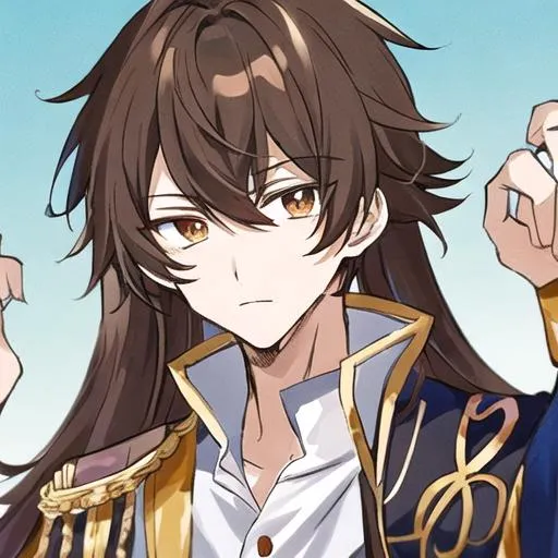 Prompt: an anime male with brown hair and dark brown eyes. Royalty and also slightly tanned