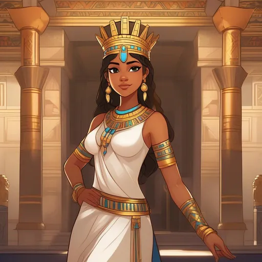 Prompt: Dynamic pose. Whole body. Full figure. A young queen. Cute. Well draw face. detailed. She wears the double crown. In background a Lively room in an Ancient egyptian palace. rpg art. rpg illustration. Dynamic pose. 2d art. 2d.