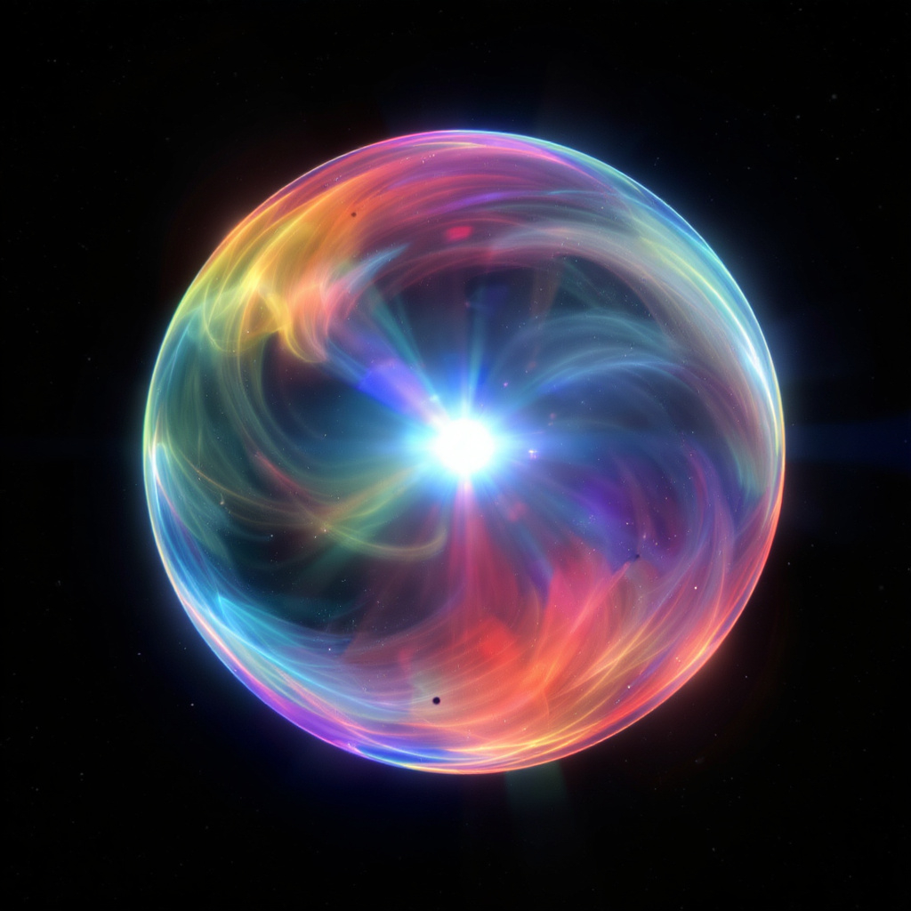An orb full of light that looks like rainbow colors.