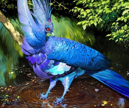 Prompt: A majestic Blue Crowned Pigeon. highly detailed, exquisitely intricate, beautiful, clear definition, high quality, by taras loboda, van Gogh, Ana dittman, Ivan Bilibin, Jean-Baptiste Monge, pieter aertsen, robert bissell. Iridescent colors. Shimmer. Highly detailed. Cinematic, polished finished. 3d.  spring garden background. 