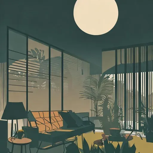 Prompt: You're inside a dark, concrete room and it is the golden hour. There is a large window that has wooden, horizontal blinds and steel framing. Outside you can see a shade awning and palm trees. There is a smokey, haze in the air from burning incense. Jazz is playing through the speakers. It is a dark, cozy setting. Illustration. Art. Modern architecture. Hazy room.