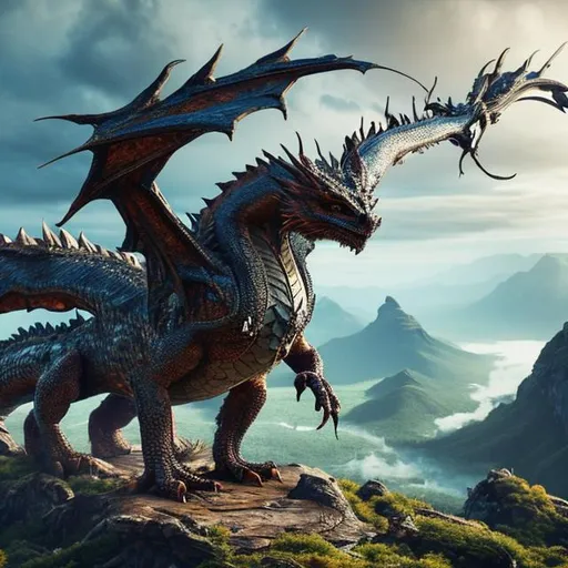 Prompt: Beautifully detailed concept art, A antipodean Opaleye dragon perched atop a mountain peak, surveying its domain, its wings spread wide, intricate scales and horns catching the light, an ethereal aura of power and majesty, Photography, using a wide-angle lens to capture the expansive landscape and the intricate details of the dragon, in the style of Monster hunter