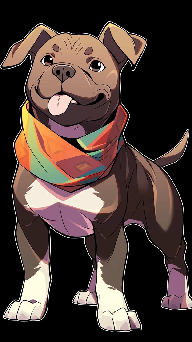 Prompt: a brindle dark brown pitbull standing on his backlegs, with a rainbow bandana, cute face, cell shaded, thick outline, white stomach --iw .8 --niji 5 --style original --ar 9:16