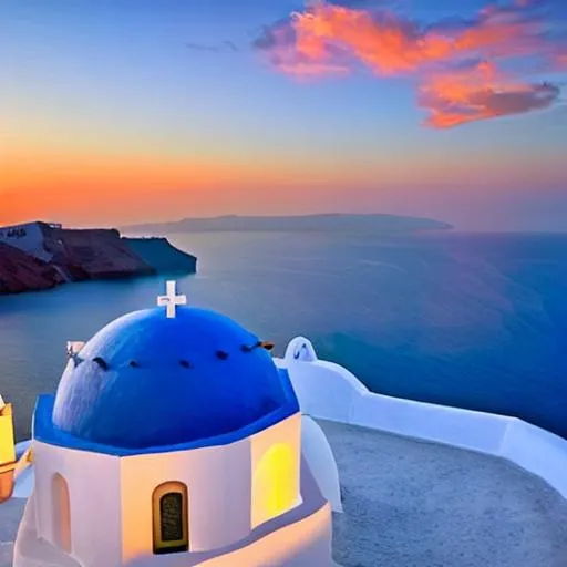 Prompt: greek island
santorini
summer
sunset
church
white
blue sea
