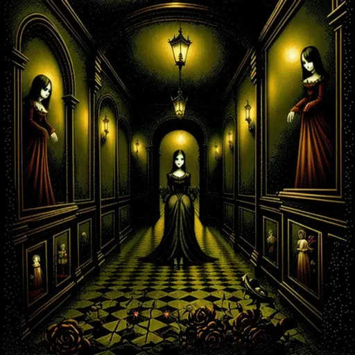 Prompt: a dark corridor, intricate scene, ultra fine details, dreadful, dark, victorian, concept art by Benjamin Lacombe, Victoria Francés and Mark Ryden