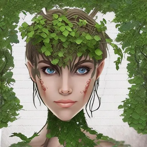 Prompt: Make it female and add vines/leaves to the body.