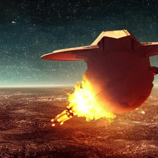 Prompt: Spaceship over a planet, spaceship put on fire
