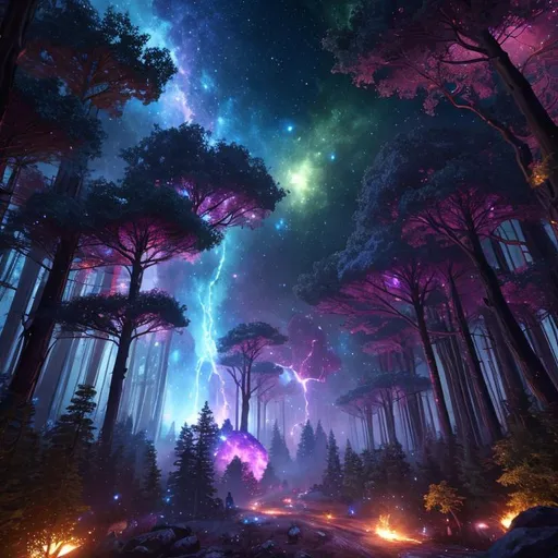 Prompt: [forest:nebula:0.9], beautiful, 64k, 35mm, wide angle, masterpiece, best quality, hyper detailed, beautiful, hires, realistic, dynamic lighting, particle effects, ray tracing [city:24]