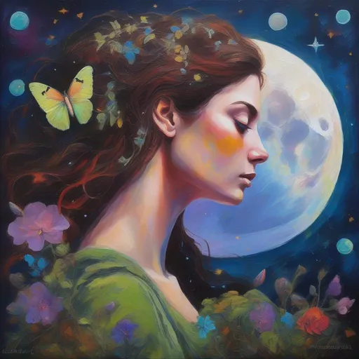 Prompt: A profile beautiful and colourful picture of Persephone with brunette hair and ram horns, and with light freckles, is surrounded by a single American Moon Moth, animals, moss and plants, framed by the moon and constellations, in an impressionistic colourful acrylic palette knife style.