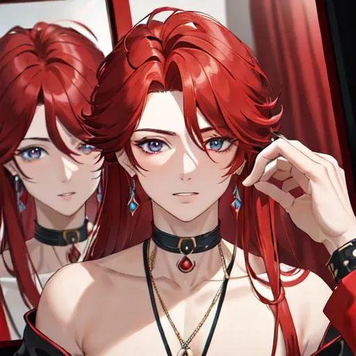 Prompt: Zerif 1male (Red side-swept hair covering his right eye) getting ready for his concert backstage, in the dressing room, UHD, 8K, highly detailed, symmetrical, up-close, holding Haley's hand