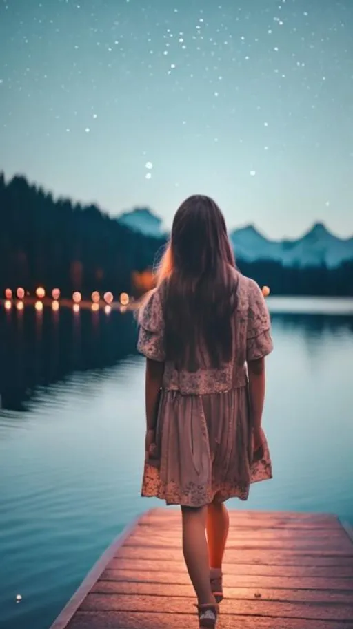 Prompt: A girl walking beside lake in moon light 