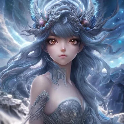 Prompt: Create a breathtaking 3D anime artwork of Luna standing atop a cliff, her eyes radiant with magic as she conjures swirling elemental forces. Craft realistic hair dynamics and intricate details in her costume to enhance her ethereal presence.