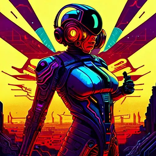Prompt: {epic sci-fi scene} Science fiction, psychological horror, surreal horror, retrofuturism, space opera. Fluid linework, ultra-fine black linework, flat colour, colour blends, flat shading, intricate detailing, dramatic visual story telling, perspective mastery, perspective atmosphere, dramatic composition, expressive characters, emotional resonance, dark colouring, vibrant colouring, harmonious colour scheme, colour discordance.
