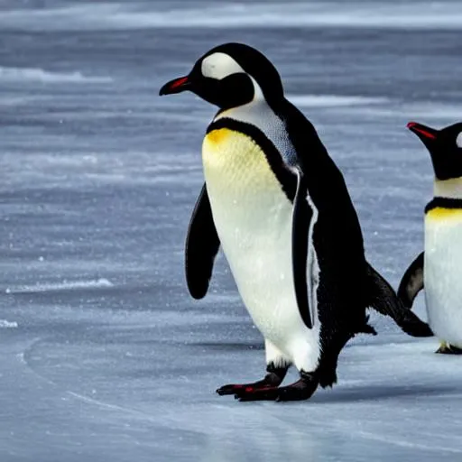 Prompt: A couple of penguins playing on the ice 