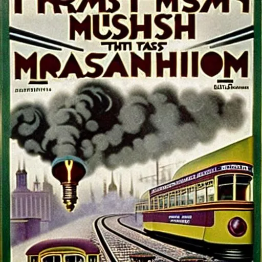 Prompt: Tram Irish massive smoke fast speed  detailed soviet Art deco steam punk busy light revolution realistic industry pollution 1930s travel poster streamlined realism