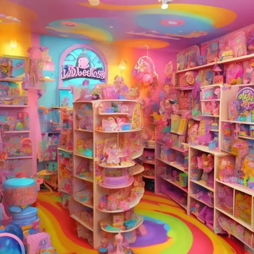 Prompt: Dollhouse toy store inspired by Lisa frank 